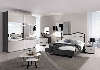Letto matrimoniale con testiera a onda, finitura grigio resina scuro con testata chiara