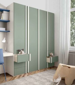Armadio moderno 4 ante battenti e 6 cassetti in Larice Bianco e Agave
