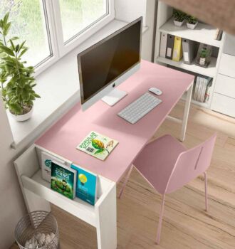 Scrivania RIV con portariviste, finitura Larice bianco e Rosa confetto