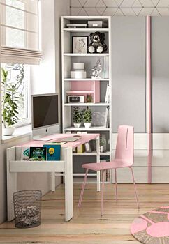Scrivania RIV con portariviste, finitura Larice bianco e Rosa confetto