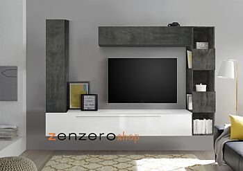Parete attrezzata, con maniglie di design, finitura bianco lucido, beton e piombo