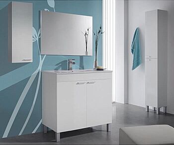 Mobile da bagno con 2 ante battenti più specchiera, finitura bianco lucido