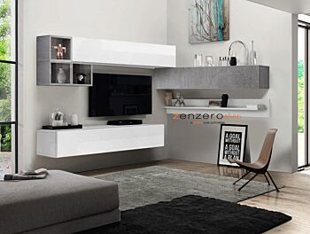 Mobili tv angolare, parete attrezzata ad angolo Kora tv, finitura Beton, Gesso e Bianco Lucido