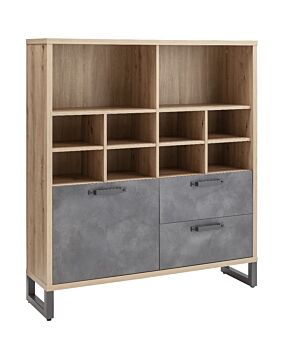 Libreria Industry per ufficio con 2 cassetti e un'anta in finitura Rovere e Grigio smoke
