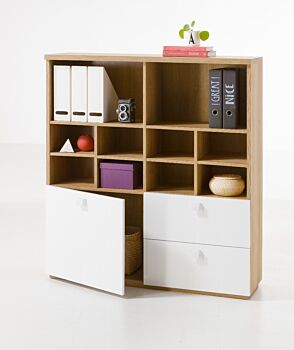 Libreria Industry per ufficio con 2 cassetti e un'anta in finitura Rovere e Bianco laccato