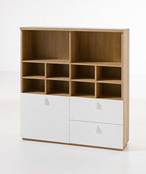 Libreria Industry per ufficio con 2 cassetti e un'anta in finitura Rovere e Bianco laccato