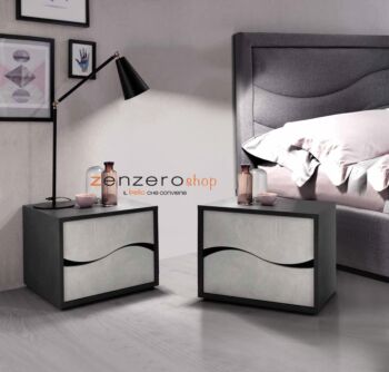 Set moderno composto da comodini e comò, finitura grigio resina chiaro e grigio resina scuro, made in Italy