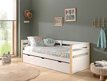 Divano letto con secondo letto estraibile in legno massello, Bianco e Pino naturale