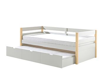 Divano letto con secondo letto estraibile in legno massello, Bianco e Pino naturale