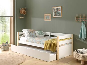 Divano letto con secondo letto estraibile in legno massello, Bianco e Pino naturale