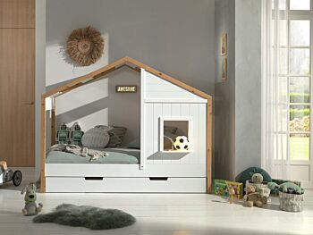 Lettino montessoriano a casetta per bambini, Bianco e Rovere naturale