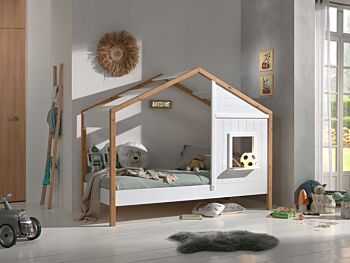 Lettino montessoriano a casetta per bambini, Bianco e Rovere naturale