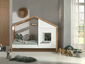 Lettino montessoriano a casetta per bambini, Bianco e Rovere naturale