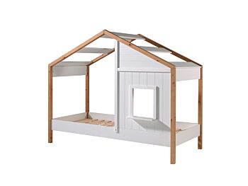 Lettino montessoriano a casetta per bambini, Bianco e Rovere naturale