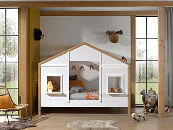 Letto casetta per bambini, Bianco e Pino naturale, modello montessoriano
