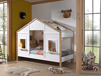 Letto casetta per bambini, Bianco e Pino naturale, modello montessoriano