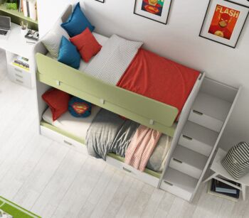 Letto castello salvaspazio in finitura Grigio dorian, Oliva e Rovere bianco