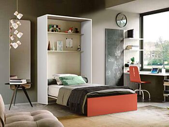 Letto a scomparsa verticale una piazza e mezza, finitura Bianco e Paprika, Made in Italy