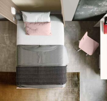Letto verticale con vani a giorno L.120, finiture Olmo natura, rosa confetto e carta da zucchero