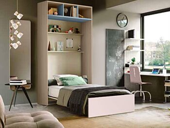Letto verticale con vani a giorno L.120, finiture Olmo natura, rosa confetto e carta da zucchero