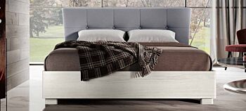Letto con testata imbottita e giroletto in legno, ecopelle grigia e bianco altea