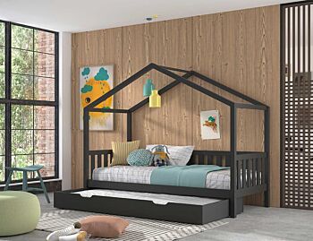 Letto montessoriano pino massello, design a casetta, disponibili 3 finiture