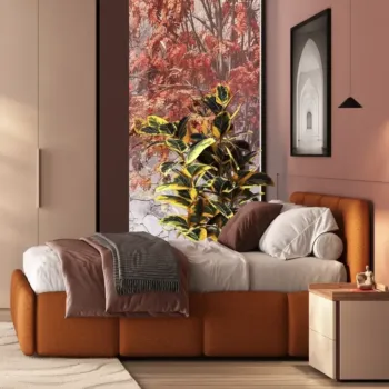 Camera matrimoniale con letto imbottito Terracotta, Cashmere e Noce caramello