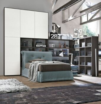 Letto ragazzi imbottito, finitura tessuto Lino celeste antico