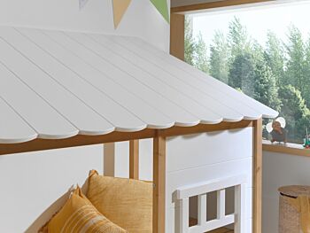Letto montessoriano casetta con finestre, bianco laccato e rovere