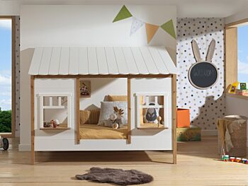 Letto montessoriano casetta con finestre, bianco laccato e rovere