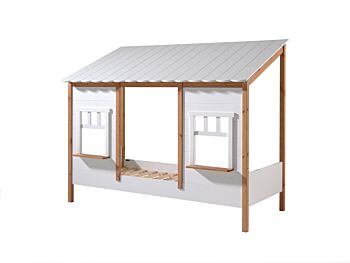 Letto montessoriano casetta con finestre, bianco laccato e rovere
