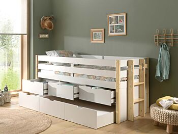 Divano letto in massello con secondo letto estraibile e cassetti, Bianco e Pino naturale