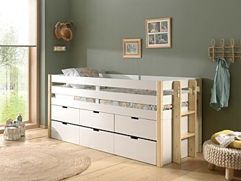 Divano letto in massello con secondo letto estraibile e cassetti, Bianco e Pino naturale