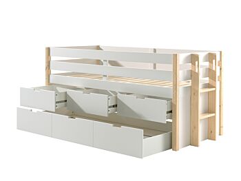Divano letto in massello con secondo letto estraibile e cassetti, Bianco e Pino naturale