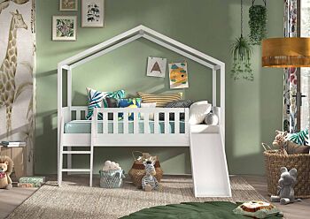 Letto a casetta con scivolo per bambini, finitura Bianco laccato
