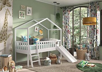 Letto a casetta con scivolo per bambini, finitura Bianco laccato