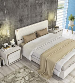 Letto matrimoniale contenitore con testiera olmo bianco e ecopelle bianca, made in Italy