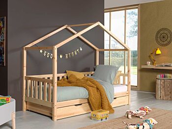 Letto montessoriano pino massello, design a casetta, disponibili 3 finiture