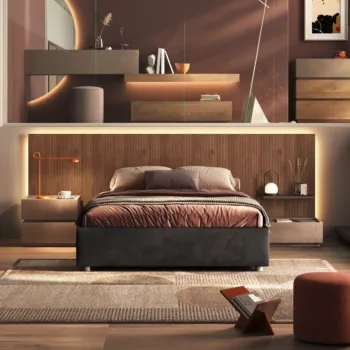 Letto matrimoniale con testiera cannettata Mercure, giroletto velluto Fumo