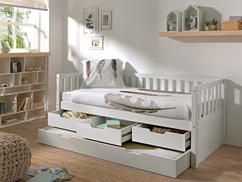 Divano letto pino massello con secondo estraibile e 3 cassetti, disponibile in due colorazioni