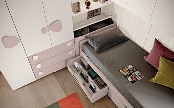 Cameretta bambine a ponte, finitura Rosa confetto, Bianco e Bianco altea