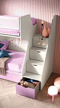 Letto a castello Level, con scaletta contenitiva, Quarzo e Dalia, Moretti Compact