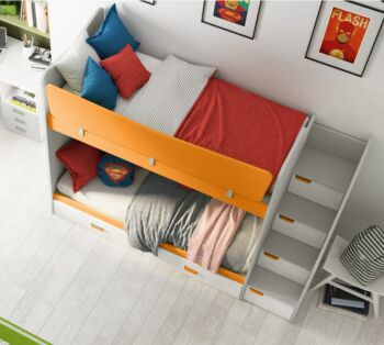Letto castello Kids 2 posti, Grigio dorian, Papaya, Rovere bianco