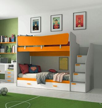 Letto castello Kids 2 posti, Grigio dorian, Papaya, Rovere bianco