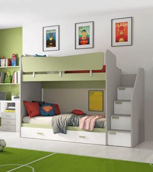 Letto castello salvaspazio in finitura Grigio dorian, Oliva e Rovere bianco