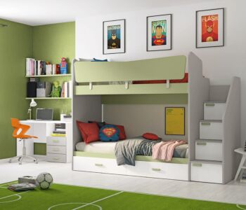 Letto castello salvaspazio in finitura Grigio dorian, Oliva e Rovere bianco