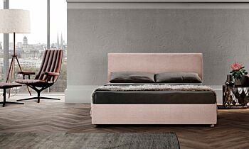 Letto matrimoniale tessuto cipria, sfoderabile, testata retrofinita