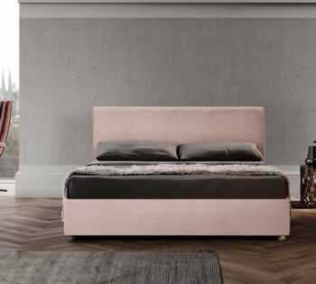Letto matrimoniale tessuto cipria, sfoderabile, testata retrofinita