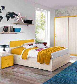 Letto contenitore una piazza e mezza Federica, finitura Olmo e Giallo