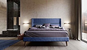 Letto matrimoniale king size, tessuto Denim con inserto finitura Petrolio